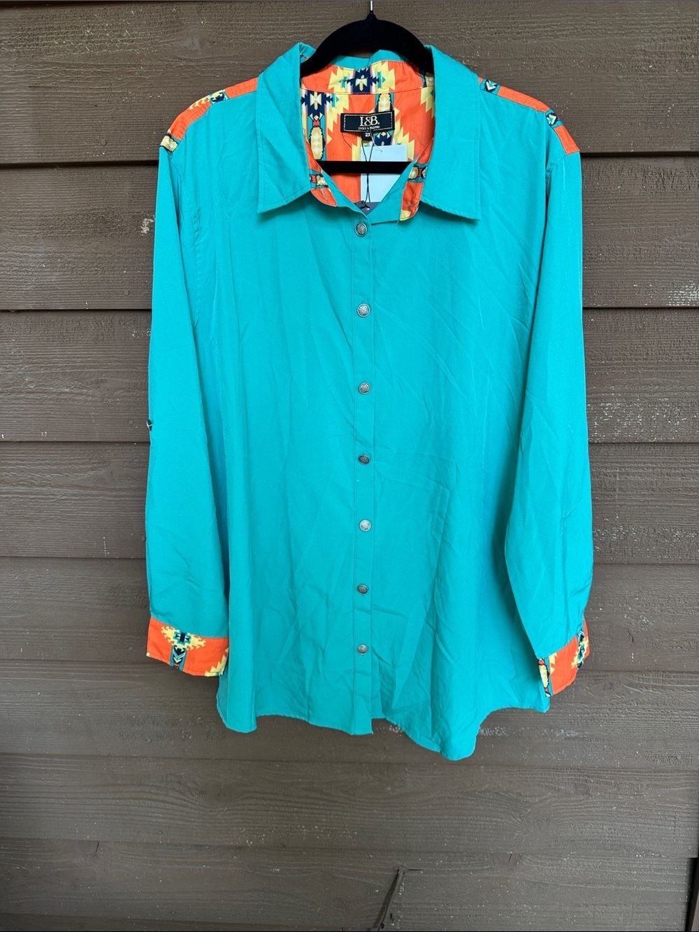L&B Teal Button-Up Shirt with Santa Fe Orange Patterned Trim size 2X